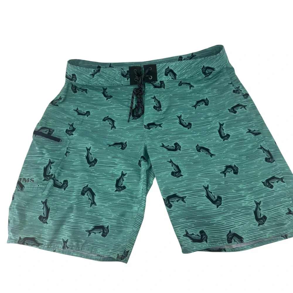 Simms Fishing Products Mens 36 Teal Tarpon Print Board Shorts Swim Trunks Pocket